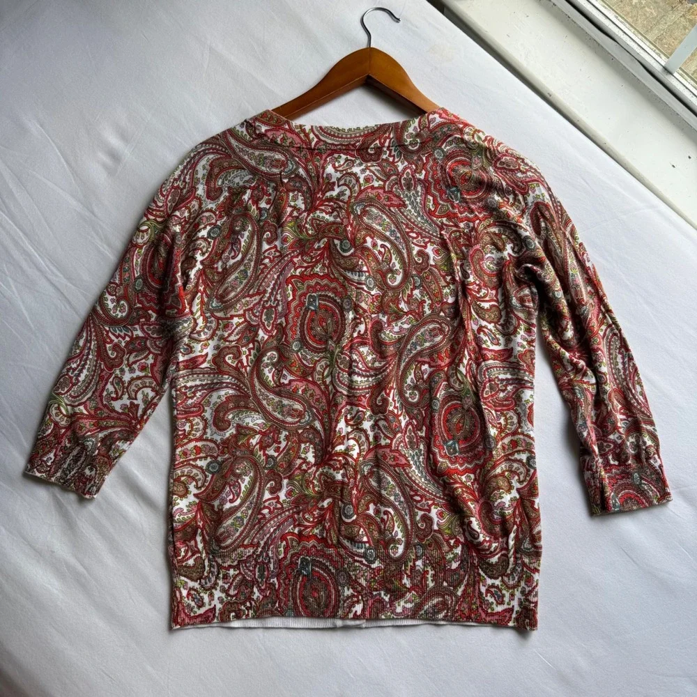 Talbots Womens Red Paisley Button Front Cardigan Sweater Size M 3/4 Sleeve